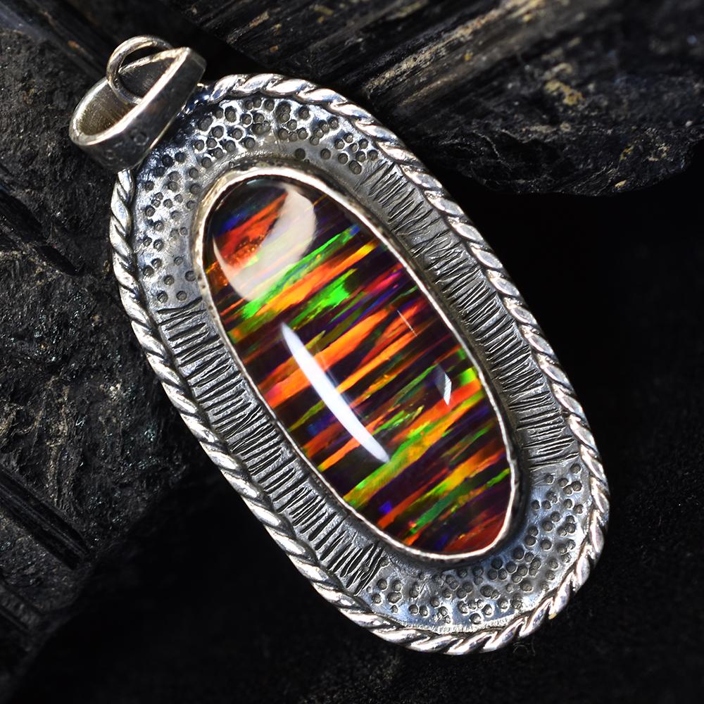 Natural Opal Necklace Fire 43 ct Multicolor 925 Sterling Silver October Birthday Birthstone