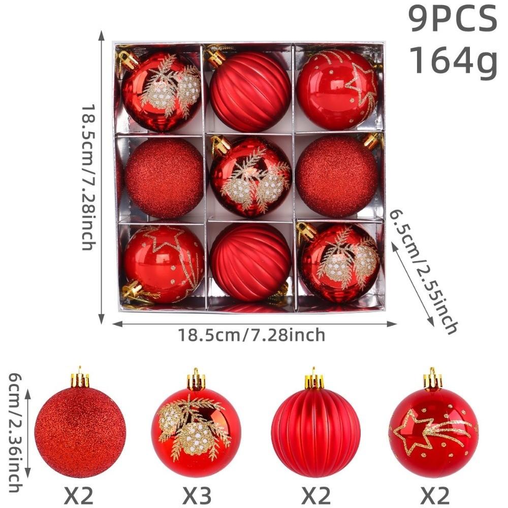 9Pcs/Set Plastic Christmas Balls with Gold Pattern Shatterproof Christmas Balls Pendant Decorative Red Xmas Tree Ornaments