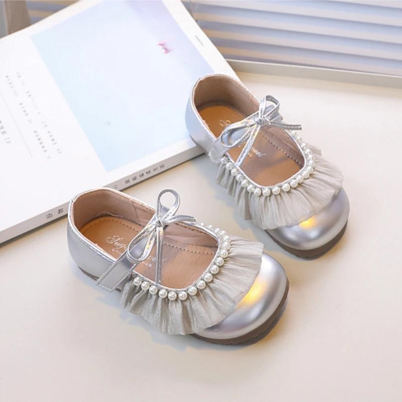 New Sweet Girl Leather Shoe Lace Pleated Children's Flats Elegant Versatile Kids Causal Princess Wedding Party Shoes Soft Bottom