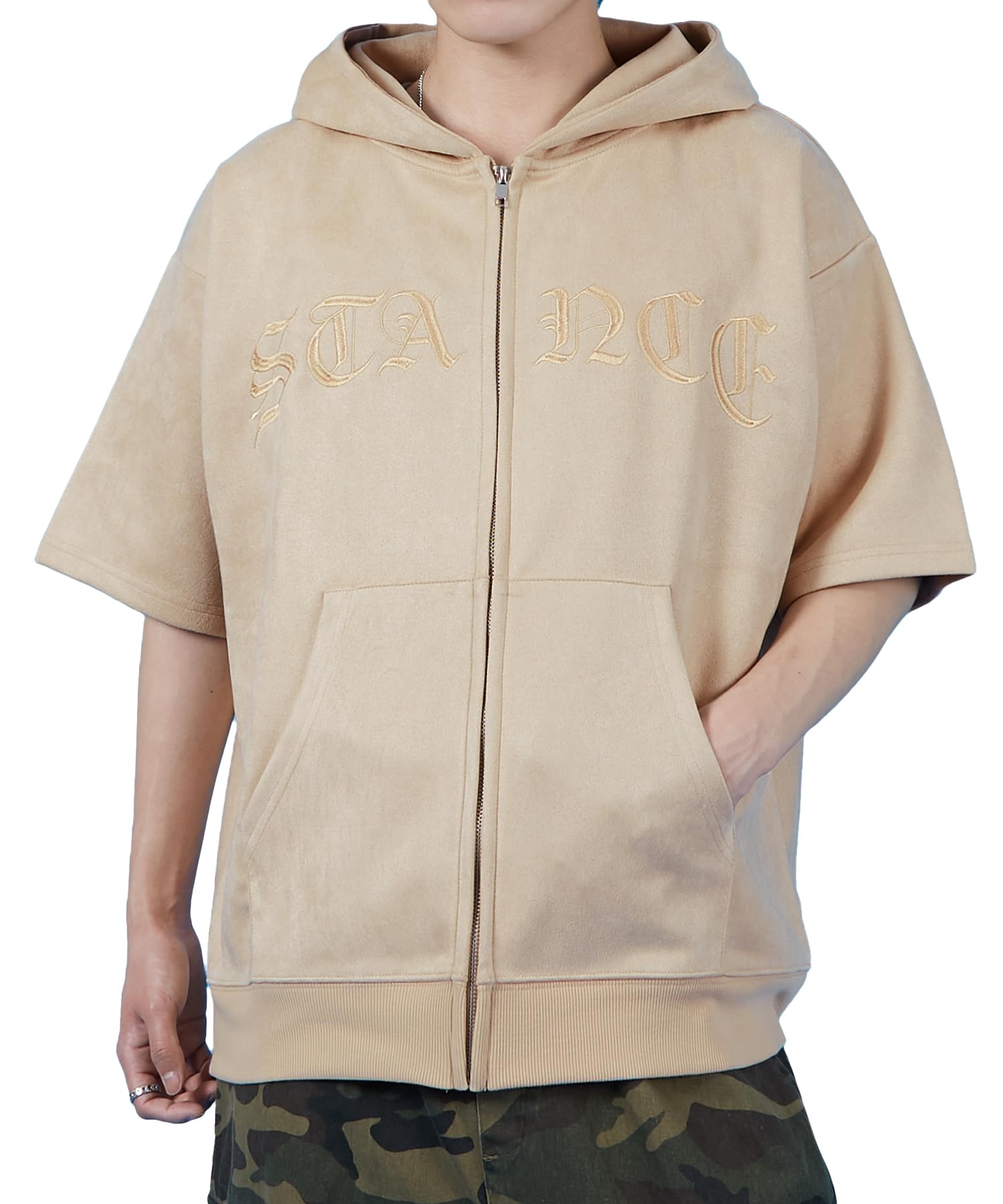 

IMPROMES SIDEWAYSTANCE Men s Suede Punch Short Sleeve Zip Hoodie, Beige