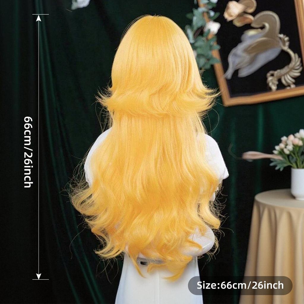Lolita Stil Helles Gold Langes Lockiges Haar mit Pony, Simulierte Kopfhaut Natürliche Große Welle für Tägliches Cosplay synthetisch