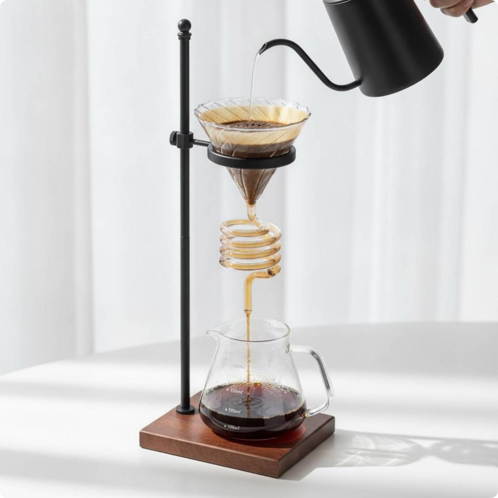 Kaffee-Dripper-Ständer mit verstellbarer Höhe Metall und Holz Pourover Kompakt für