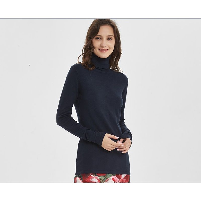 

Wood Tencel Knitting Turtleneck Pullover T-shirt Fashion Spring & Fall Female Base Clothing Easiest for Match Slim Looking Comfortable Plaid 213 Tibetan Blue(Close to black.) M