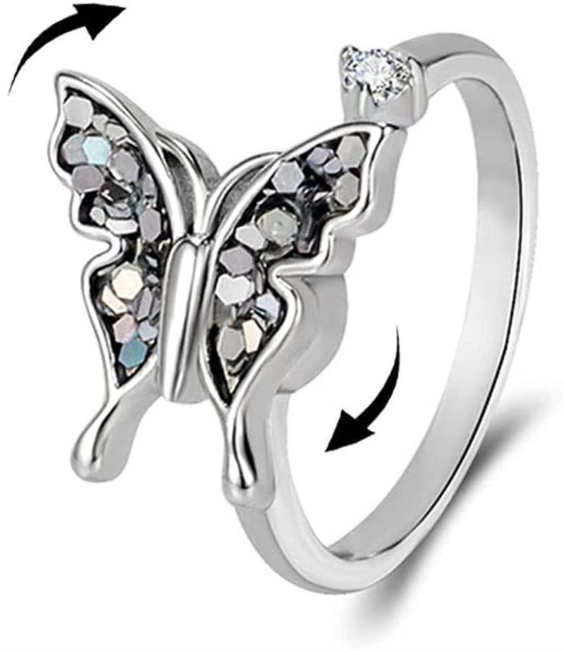 Cute Rabbit Animal Adjustable Open Rings For Women Crystal Anxiety Relief Spinning Rotate Freely Ring Jewelry Accessories