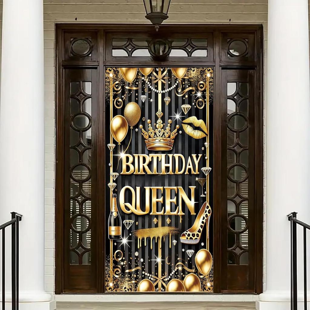 Black Gold Birthday Queen Door Cover Banner 71 X 35 Inch Happy Birthday Backdrop Photography Background Decoration for Women Girls Birthday Party