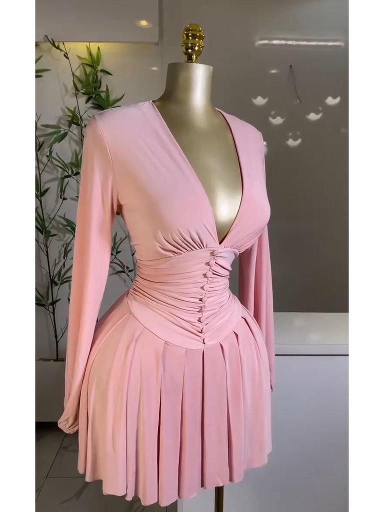 Women's French Style V-Neck Pleated Dress with Waist-Cinching Long Sleeves