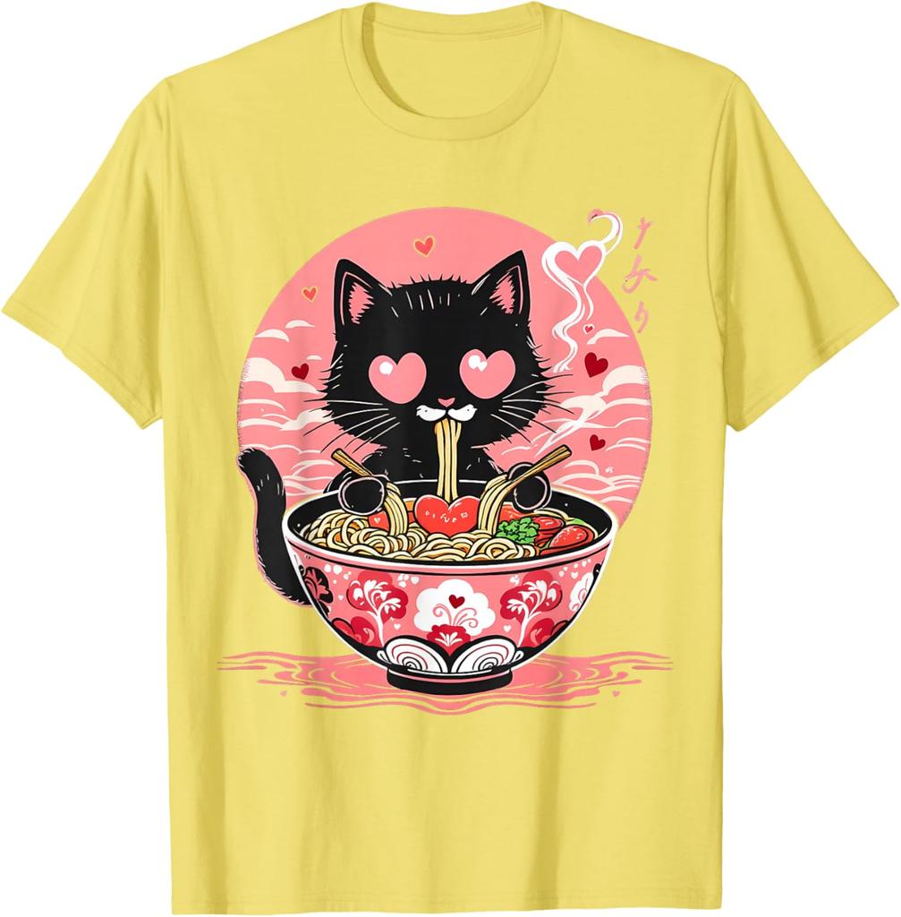 Kawaii Black Cat Eating Ramen Anime Japanese Aesthetic Graphic Tee Men Women Daily Perfect for Foodies Cat Moms