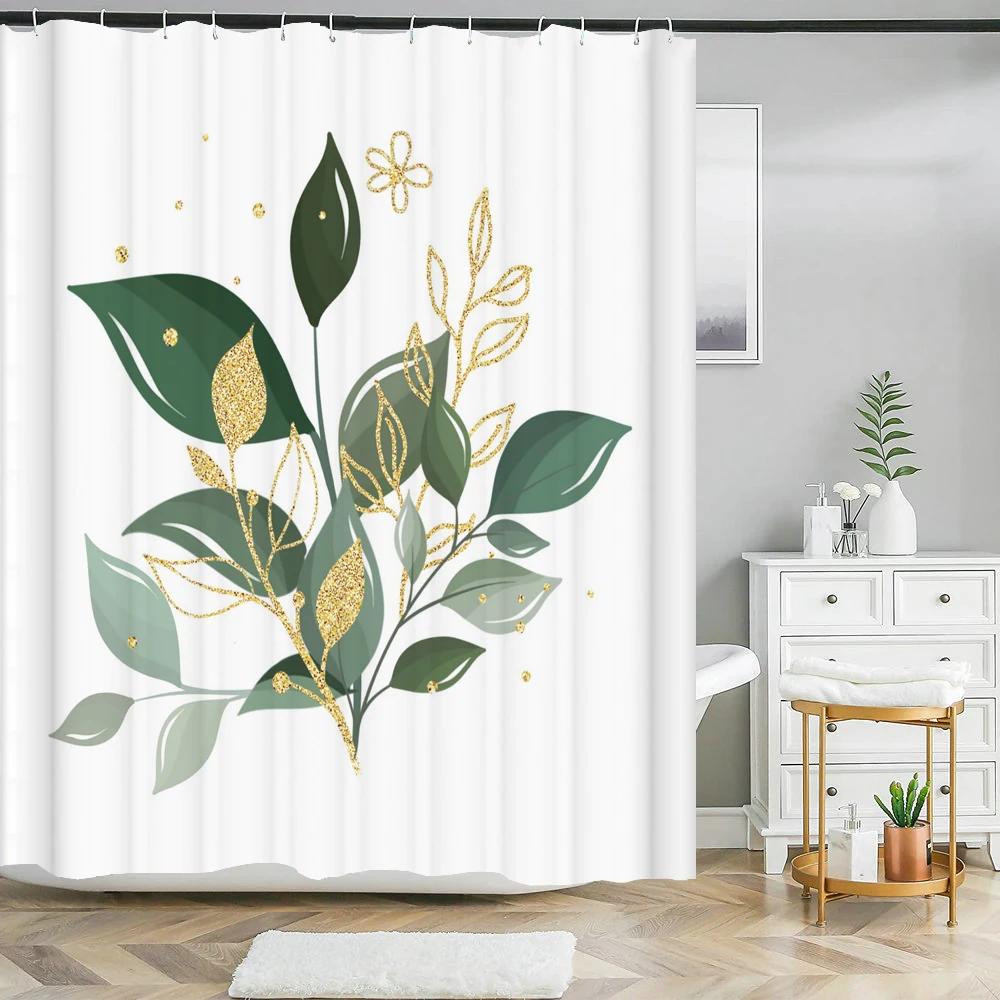 

Bathroom Waterproof Shower Curtain Simple Palm Leaf Printing Curtain Home Decor Polyester Moldproof Shower Curtain With Hooks W60H190(CM)-1 Pcs