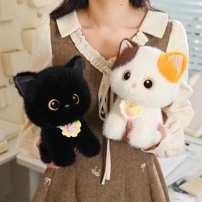 Kawaii Fluffy Cat Stuffed Toy Adorable Plush Kitten with Removable Cake Bib Soft Cuddly Doll Birthday Gift for Girl
