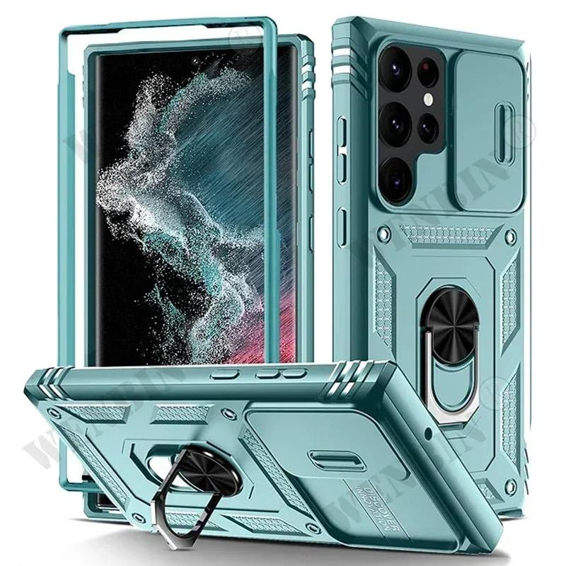 

Case For Samsung S25 Ultra S24 S23 S22 Plus S25 FE A56 A36 A26 Slide Camera Cover+Ring Stand+Magnetic Attraction,Armor Back Cover, Drop Protectio Galaxy S25 Ultra зелений