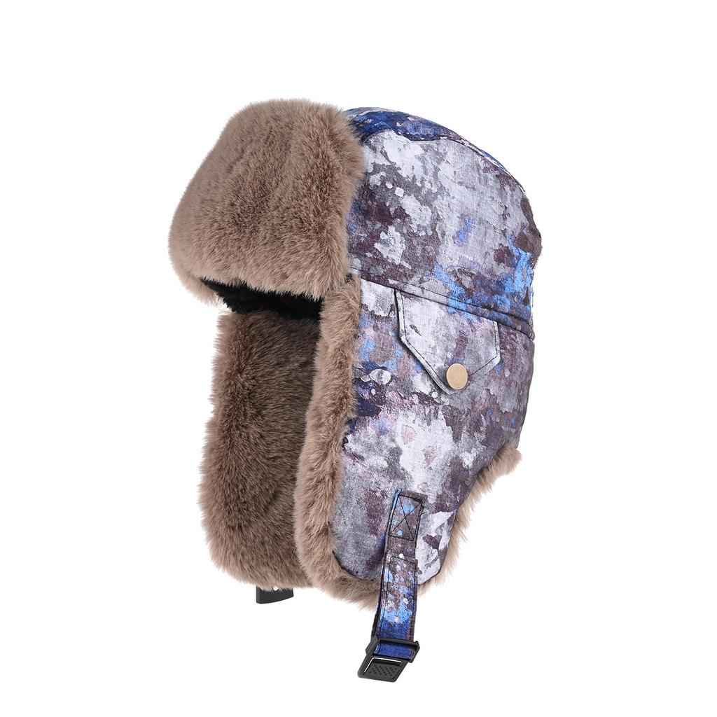 Camouflage Cap Men's and Women's Winter Velvet Thickened Thermal Ear Protection Cotton Hat Outdoor Cycling Pilot Locomotive Hat