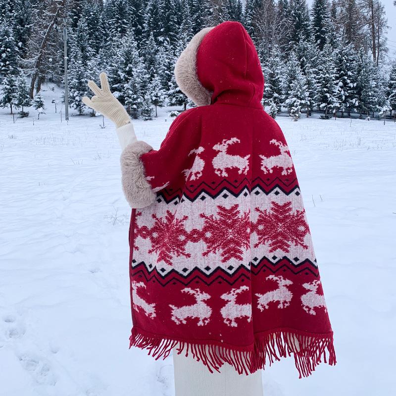 Tassel Thickened Fleece Plaid Shawl Cloak Retro Imitation Rex Rabbit Hair Collar Hooded Jacket Cloak