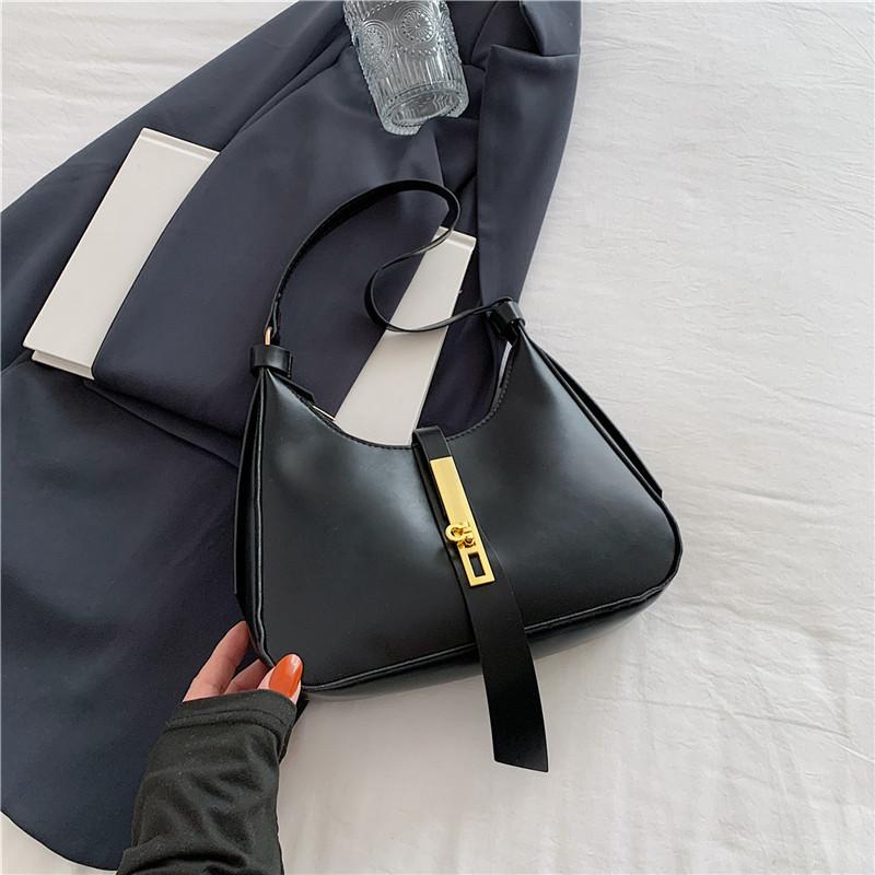 Elegant Pu Crescent Handbag With Unique Stitching Details For Street Style And Leisure Black