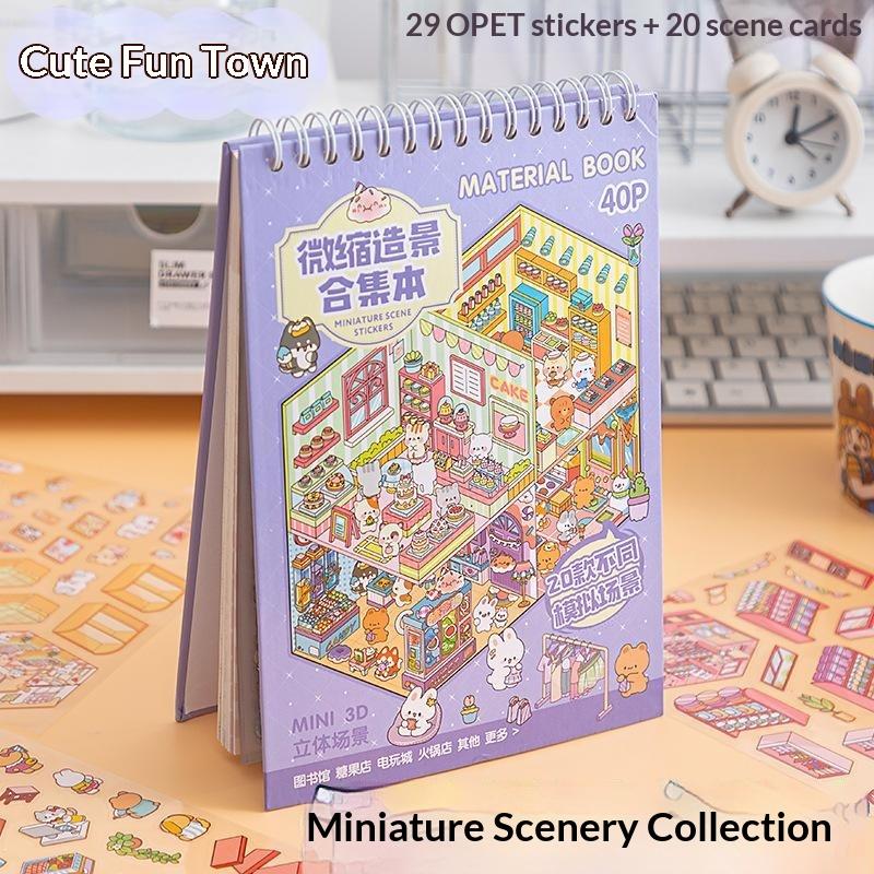 3D Miniature Scene PET Sticker Book 20 Cute Cartoon Patterns Reusable PET for Holiday Card Invitation Envelope Decor