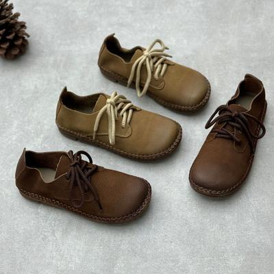 Retro Literary Leather Lace-up Single Shoes Flat Bottom Round Head Soft Cowhide Mori Ger Women's Shoes