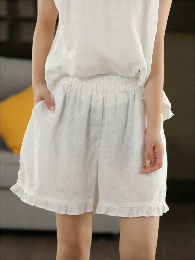 Johnature Women Vintage Shorts Solid Color Summer Cloths Elastic Waist Loose Pockets Casual Shorts