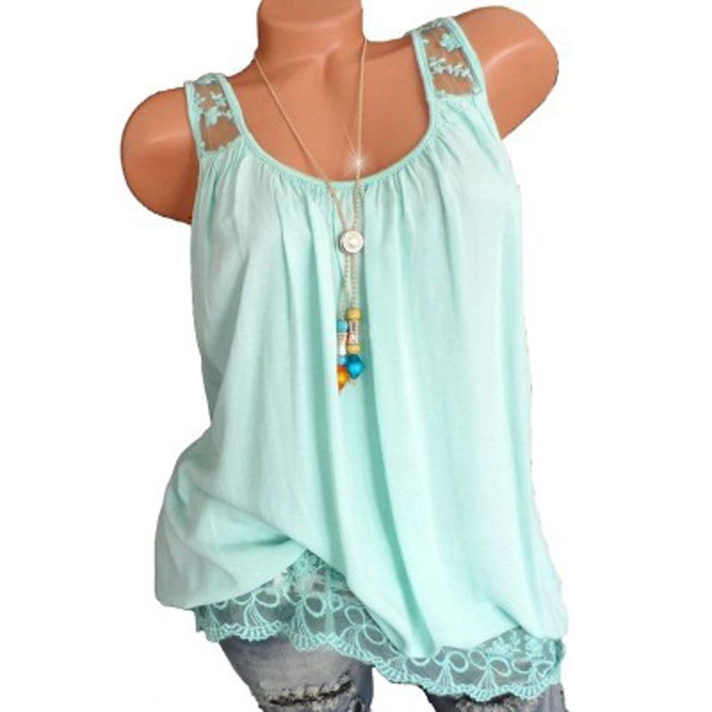 Women Summer 2022 Sleeveless Casual Solid Color O-Neck Lace Hem T-Shirt Tops Blouse