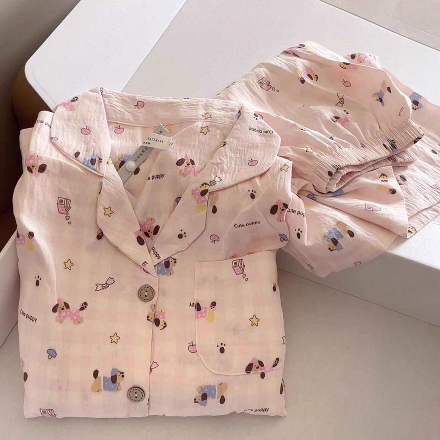 

Cute pink plaid dachshund dog pajamas women s summer short-sleeved shorts cardigan ins style suit can be worn outside loungewear S