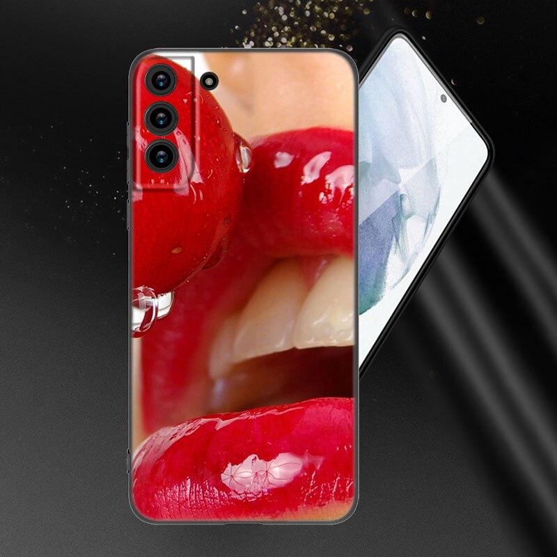 Beauty Red Lips Phone Case For Samsung Galaxy S20 S21 FE S22 Ultra S10 Lite S10E S9 S8 Plus S7 Edge Soft TPU Black Cover