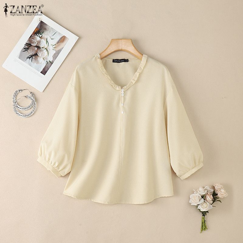 ZANZEA Women Casual V-neck Plaid Print Loose Half Sleeve Blouse