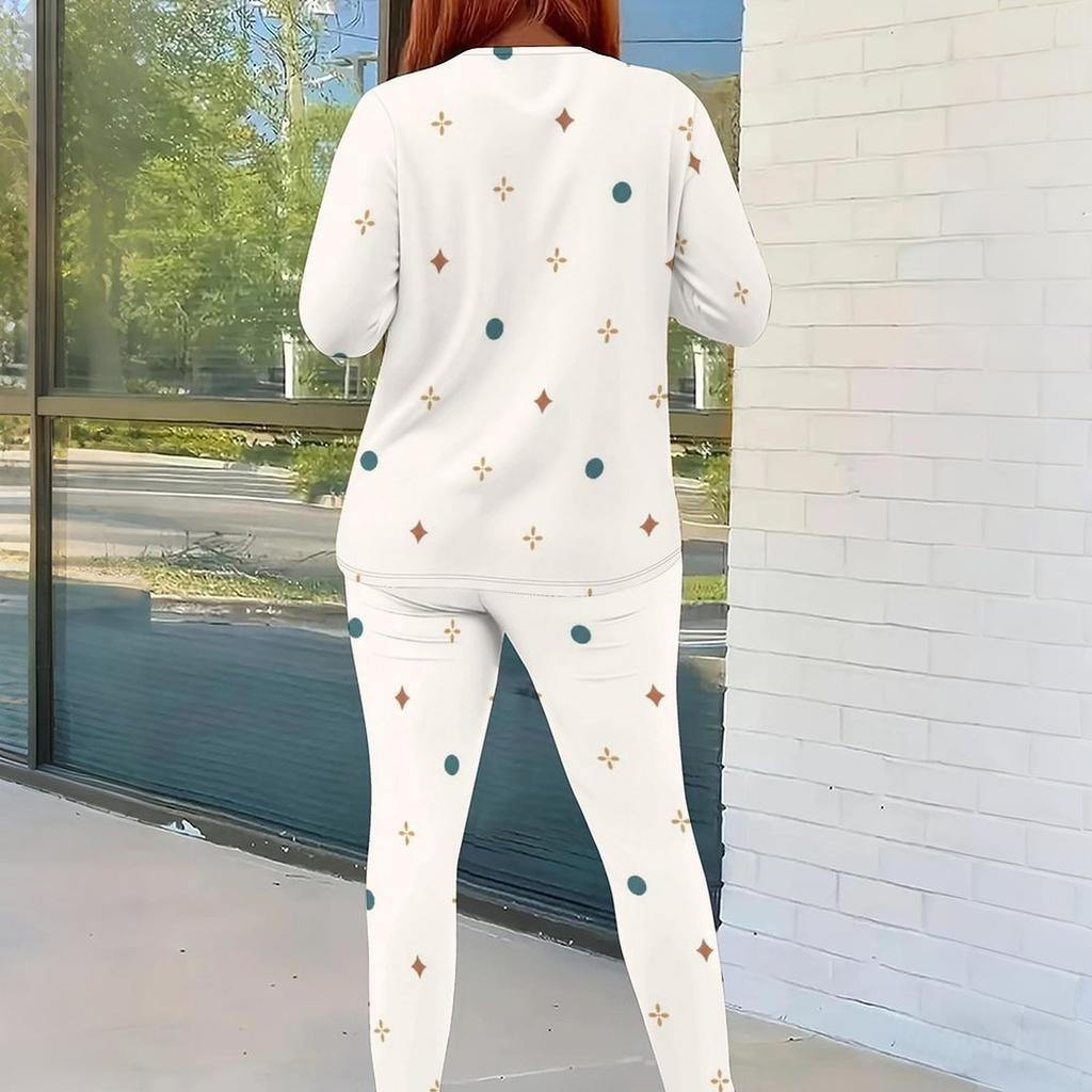 Women Plus Size Cream White Dots Printed Round Neck Long Sleeve Fitted Two Piece Pants Set With Pockets