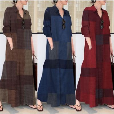 Cotton Dark Grid Printed Lapel Long Sleeved Pocket Simple Loose Casual Long Shirt Dress