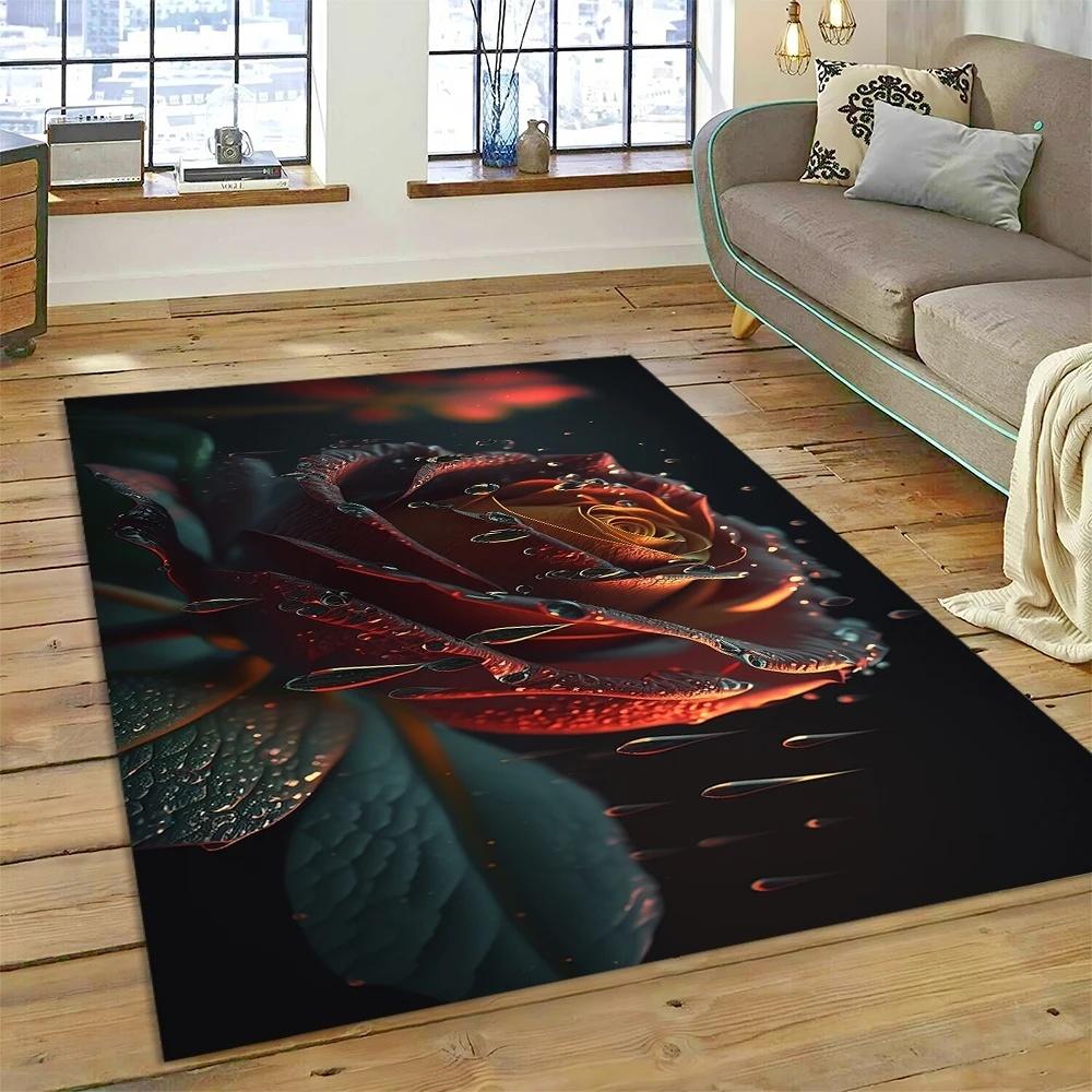 Romantic Red Rose Floral Area Rug with Dark Background for Living Room Bedroom Decor Non Slip Carpet Elegant Style Perfect Gift