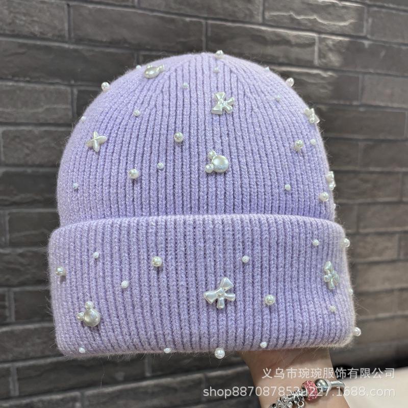 Autumn and winter new pearl bow light luxury wool hat women's big head circumference shows a small face, cold-proof ear protection knitted hat