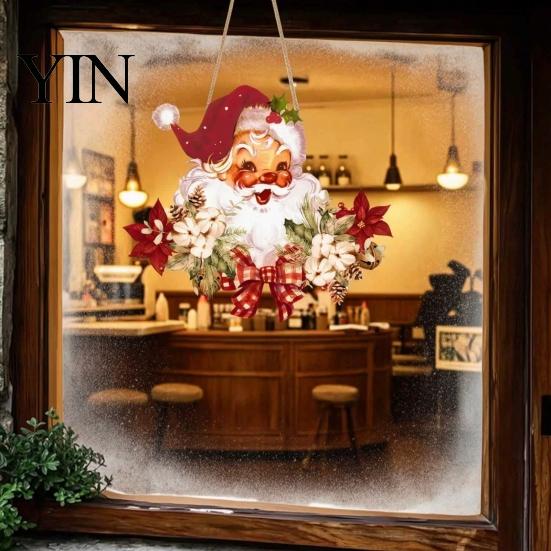 Reusable Christmas Wood Ornament Wooden Santa Claus Hanging Pendant for Christmas, Rustic Floral Wall Sign, Holiday Decor Tree with Hemp Rope