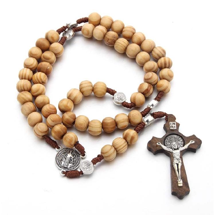 Handmade Wood Rosary Catholic Necklaces Men Cross Prayer Religious Jewelry Gift