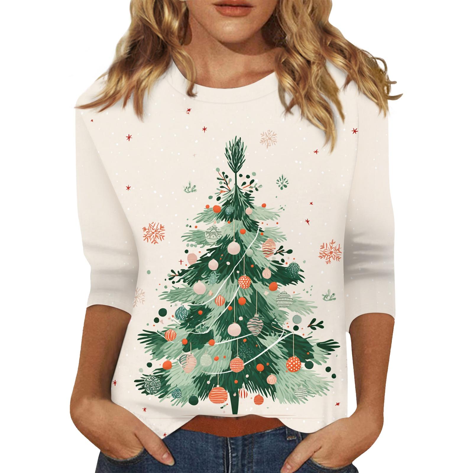 

Женский топ с круглым вырезом и рукавом 3/4 с рождественским принтом XL белый