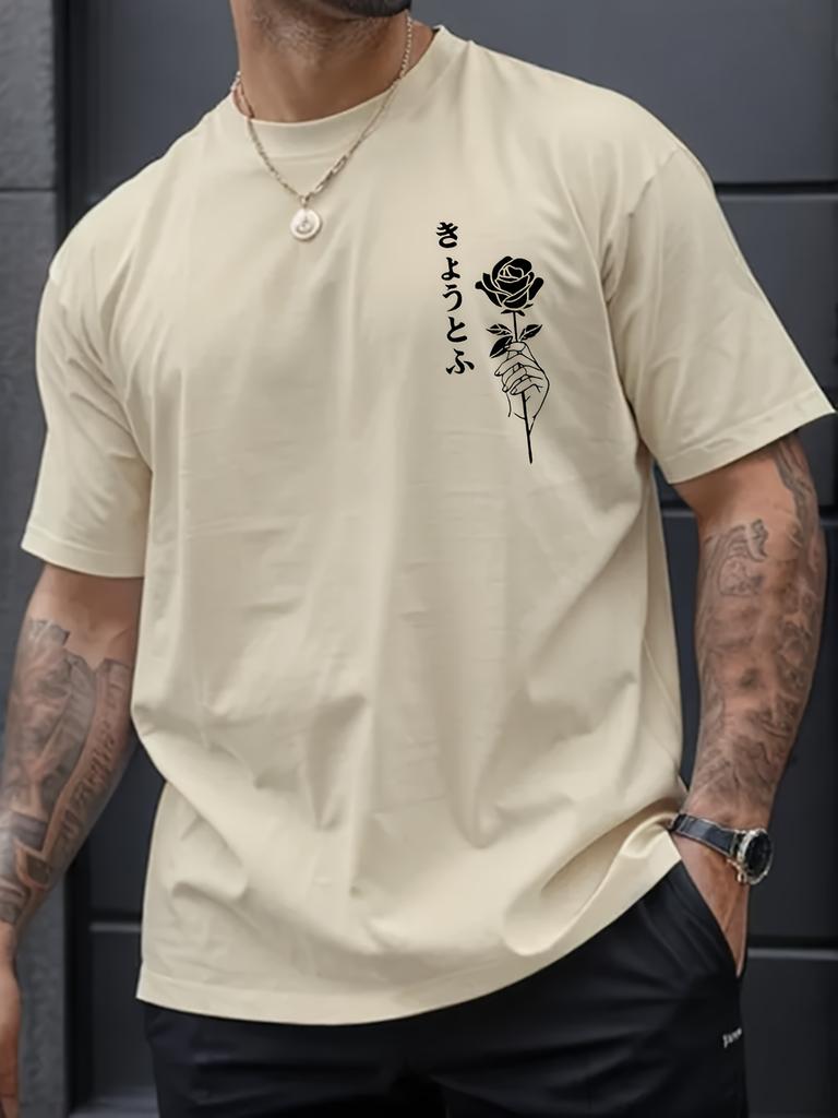 Japan Letter Rose Graphic Men's Short Sleeve Tshirt Summer Oversized Casual O-neck Top Sport Breathable Cotton Streetwear Tshirt