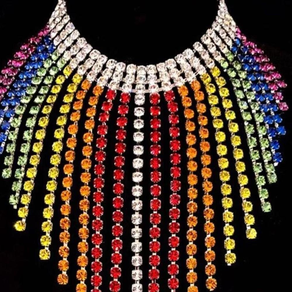 Vintage Rhinestone Crystal Necklace Shiny Ear Studs Luxury Rainbow Tassel Jewelry Set  Girls