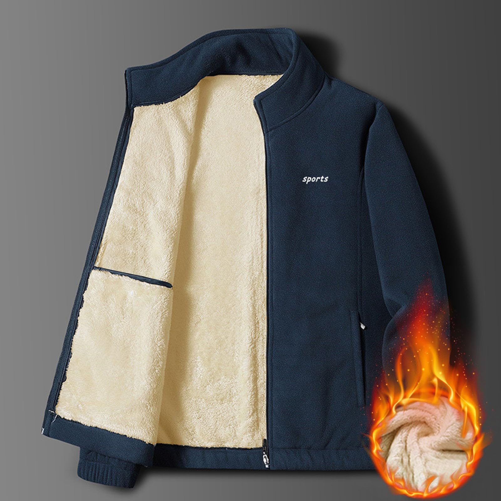 

Men s -color Casual Fleece Thickened Jacket, Men s Long-sleeved Stand-up Collar Fleece Warm Coat L Темно-синій