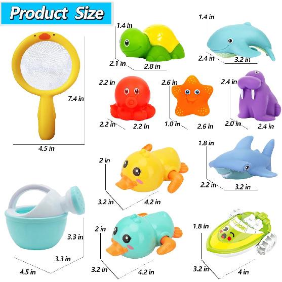 No Hole Bath Toys for Babies 6-12+ Months, Wind-up Swimming Ducks & Boat Bath Toys for Kids Ages 1-3, Baby Pool Toys Fishing Net Water Toys Watering
