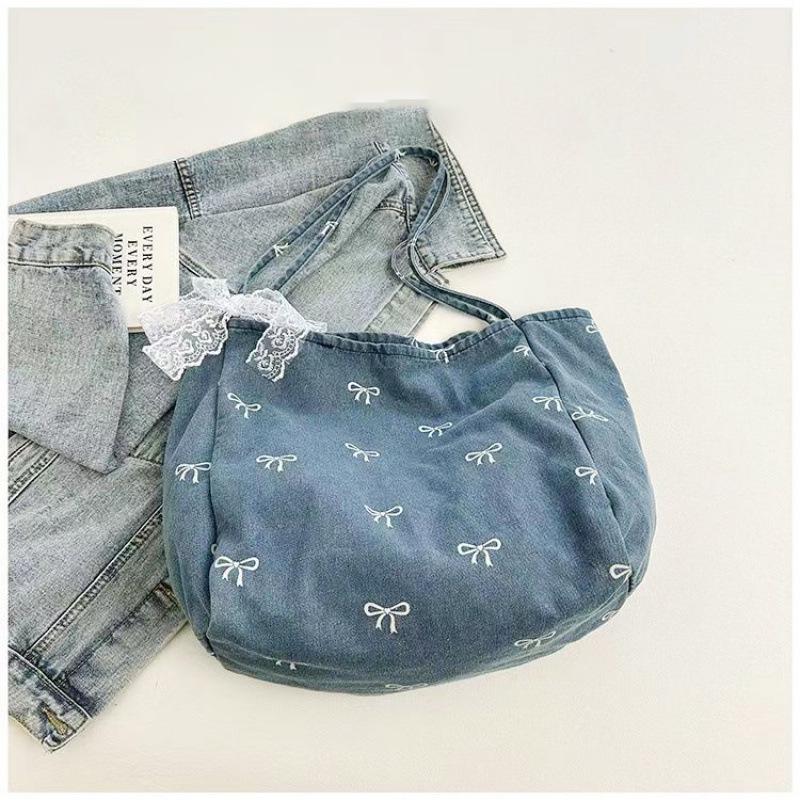 Bolso de Hombro de Lona de Mezclilla Versátil Dulce con Lazo para Mujer - Gran Capacidad