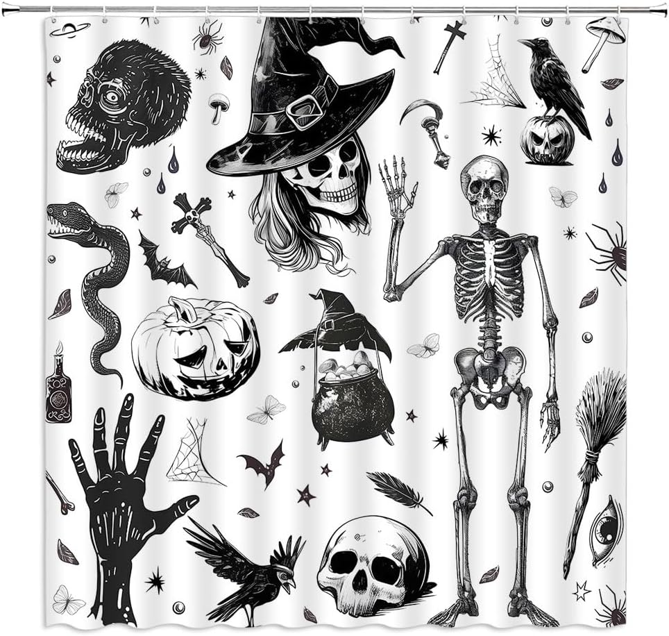 Happy Halloween Shower Curtain Gothic Skull Spooky Pumpkin Witchy Magic Witch Creepy Horror Skeleton Witchcraft Scary Cute