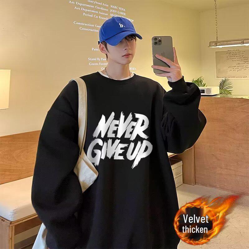 

Men s American Letter Crewneck Sweatshirt - Large Size Pullover for Autumn/Winter, Plus Velvet, Loose Fit, Casual Style. L