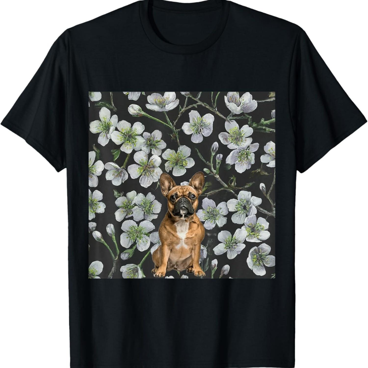

French Bulldog White Cherry Blossoms Vintage Flowers T-Shirt S чёрный