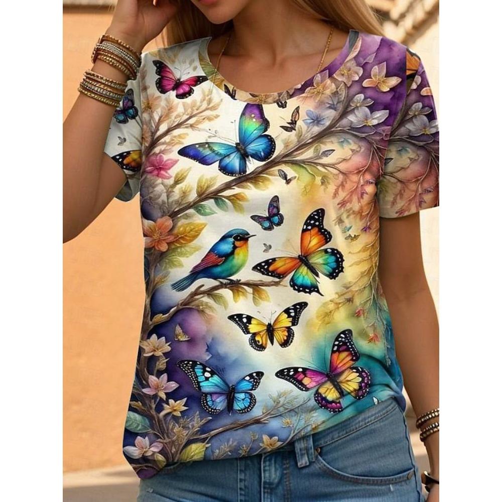 Camiseta de Verano para Mujer con Estampado 3D Cuello Redondo Moda Versátil Transpirable Tendencia Casual