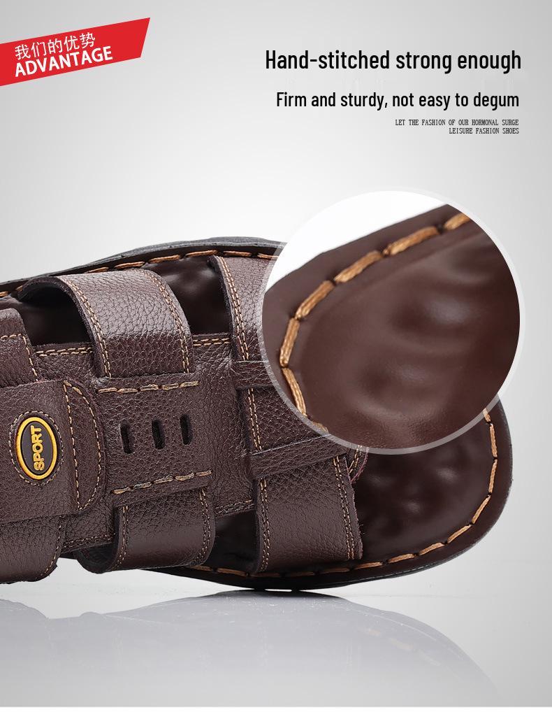 Men's Genuine Leather Non-Slip Beach Sandals - Casual, Breathable, Versatile Summer Shoes for Middle-Aged and Elderly.