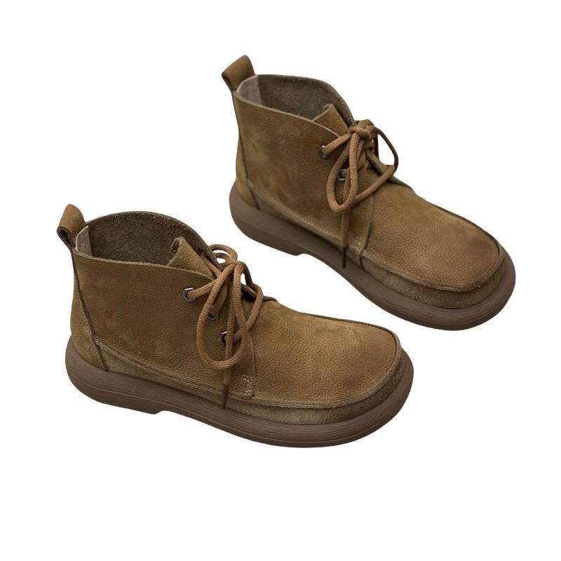 Fashion Women's Genuine Leather Ankle Boots Plush Fur Warm Winter Ladies Flat Shoes British Style Lace-Up Round Toe Women Short Boots