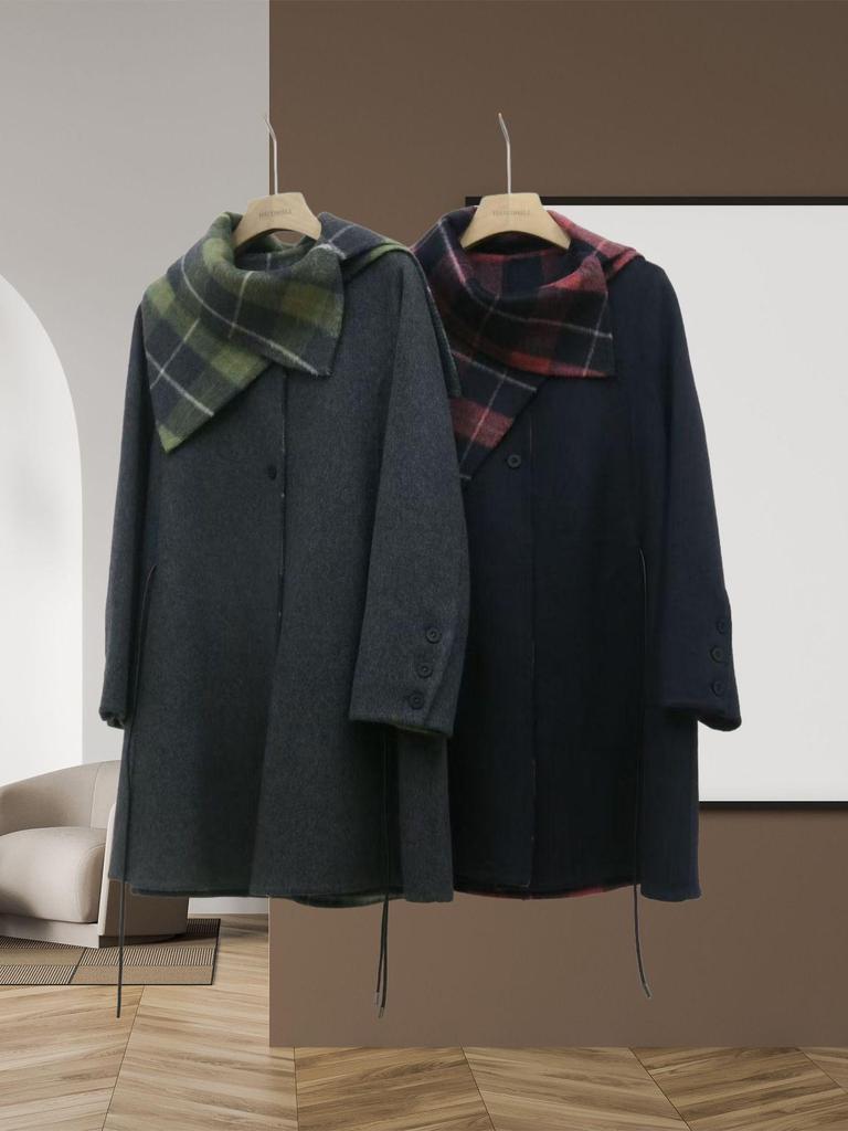 Women's Mid-Length Double-Faced Wool Coat with Detachable Plaid Collar and Tie-Waist