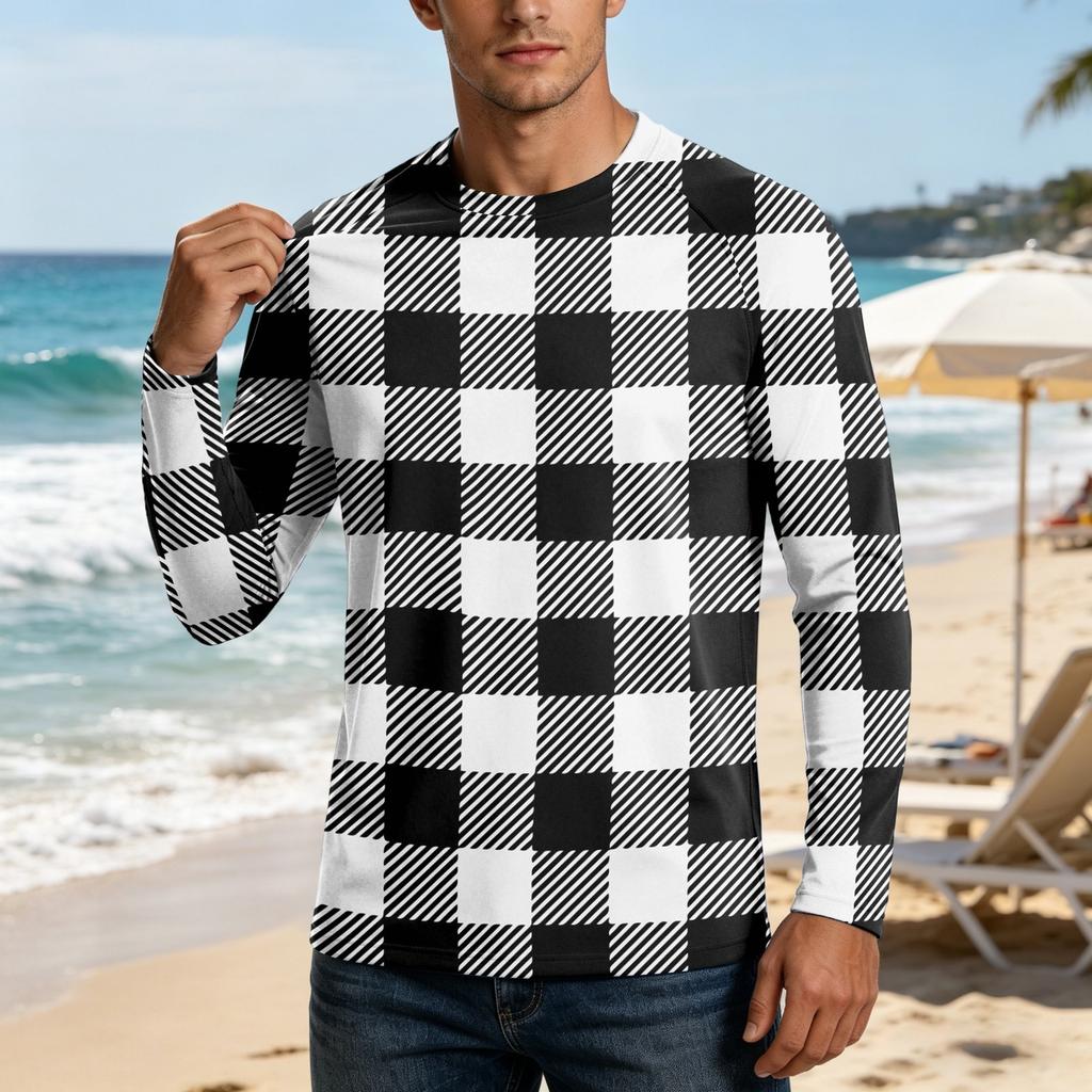 Men Long Sleeve UPF 50 Plus Sun Protection Shirt Outdoor Sports Fishing Casual Top Lightweight Breathable Quick Dry Crewneck Plaid Design