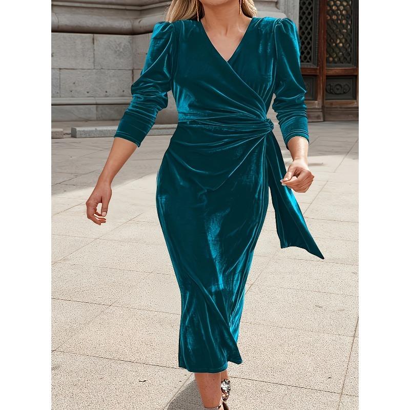 QICED Women's Fashion Summer Spring Solid Color Print V-Neck Long Sleeve Casual Dresses
