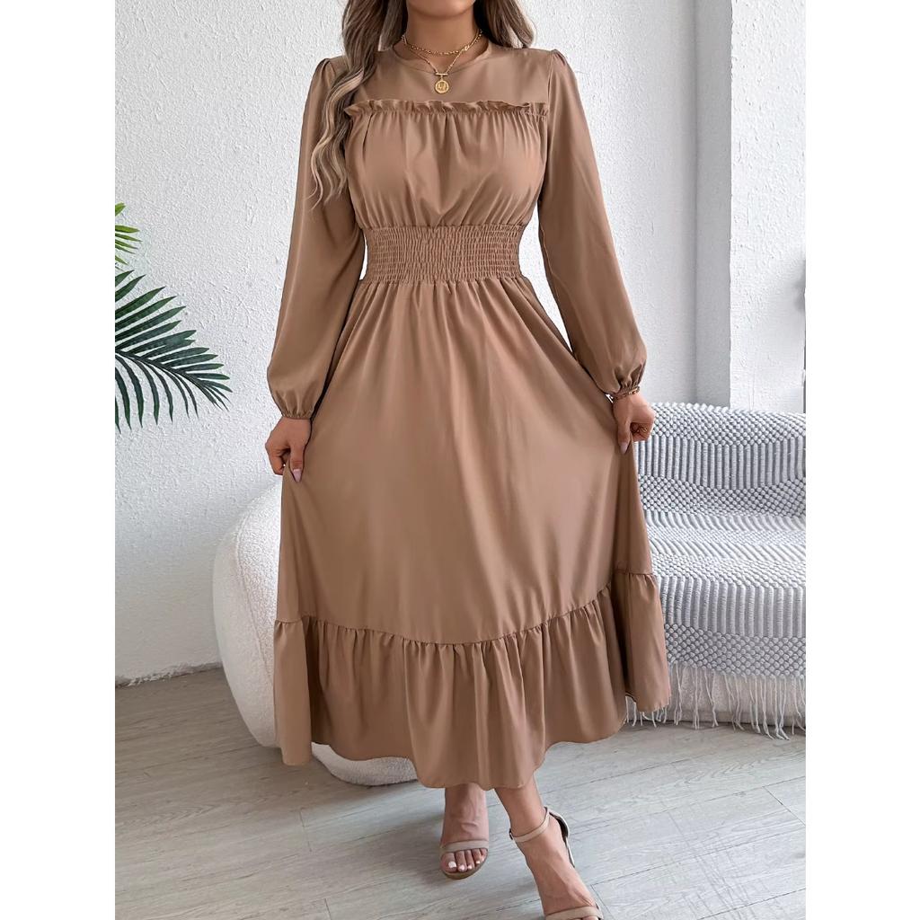 Autumn and Winter Casual Elegant Solid Color Round Neck Long Sleeved Waist Cinched Lotus Leaf Edge Dress Women Clothing
