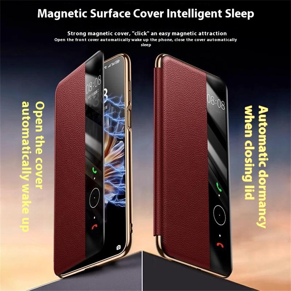 Para Huawei Mate 70 Pro+/Mate 70 Pro Funda Cuero Vacuno Genuino Ventana de Vista Cubierta para Teléfono Inteligente