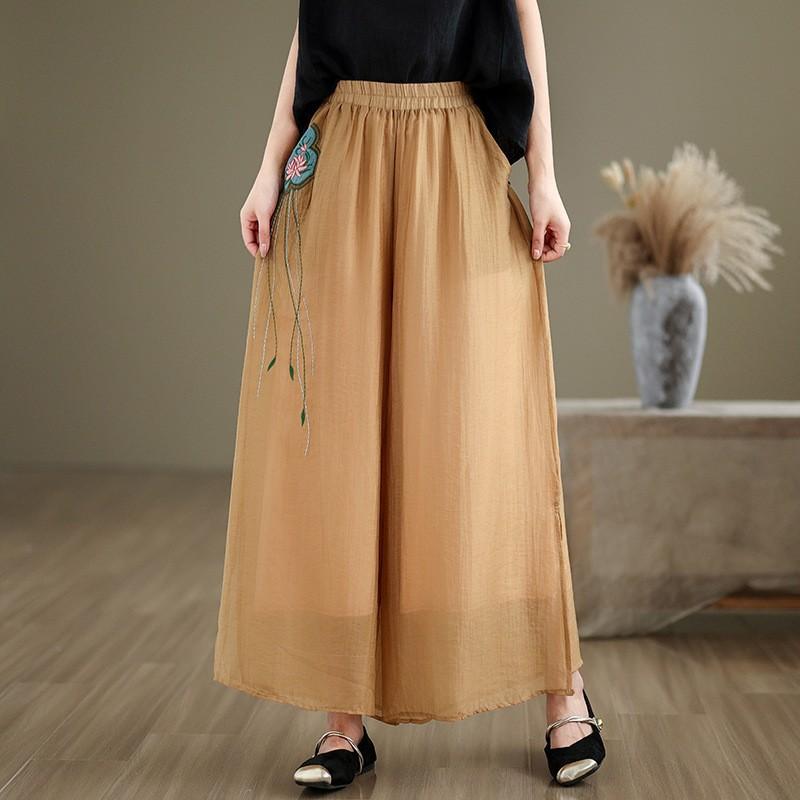 2025 Summer New Loose and Thin Tencel Embroidered Wide-leg Pants Women's Literary Elastic Waist Nine-point Double-layer Yoga Pants