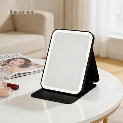 Oeny Portable Folding Makeup Mirror with Tri-Color LED Light and PU Leather Case