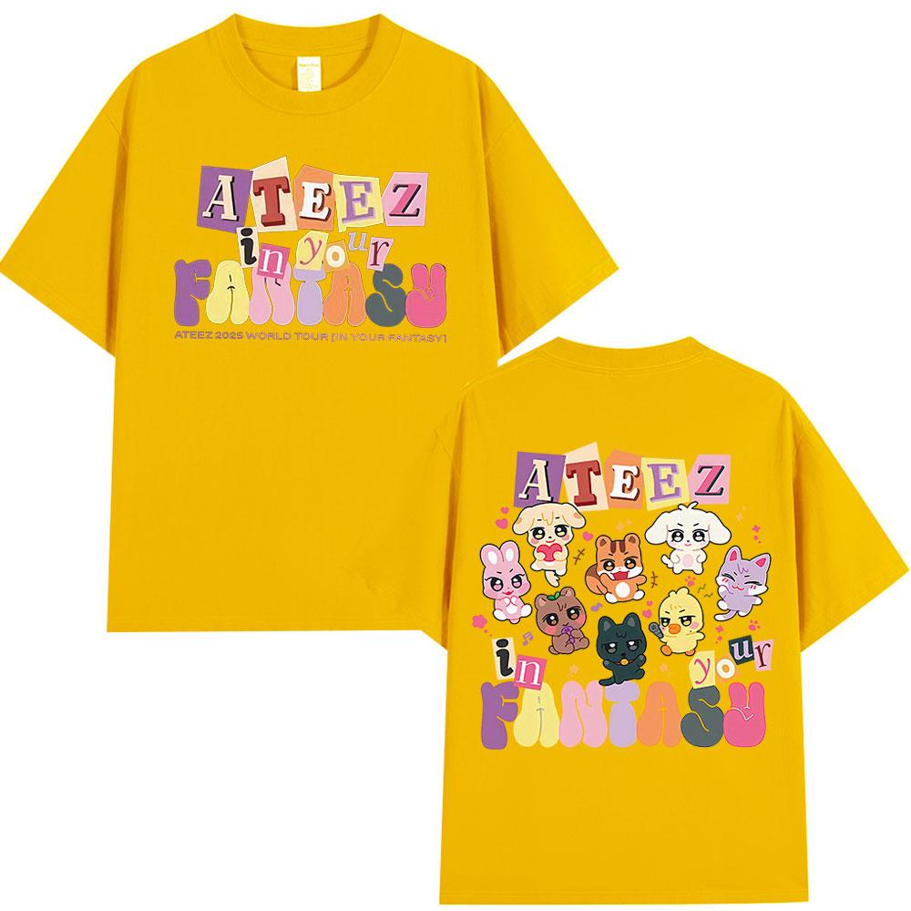Cute Ateez 2025 World Tour in Your Fantasy T Shirt Fan Gifts Korean Kpop Fashion T-shirt Men Women Cotton Short Sleeve T-shirts